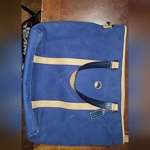 Navy Canvas Tote with Tan Trim and Black Handles